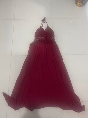 Burgundy Halter Maxi Dress with Crochet Bodice